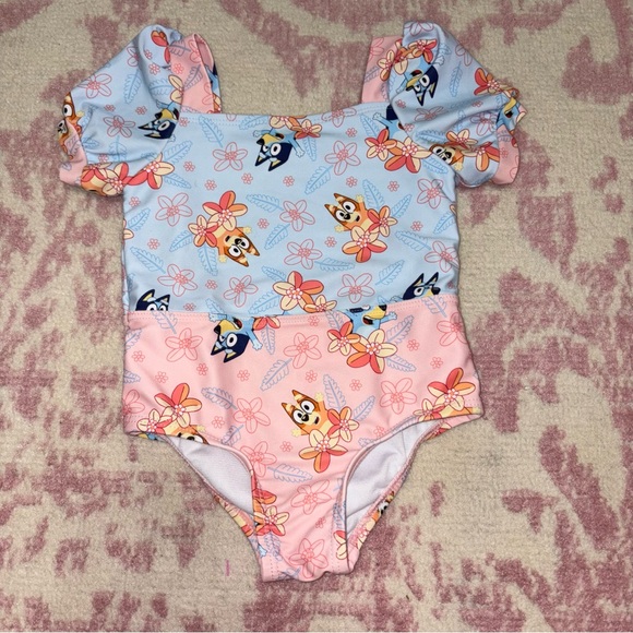 Bluey Other - Bluey Blue and Pink Floral One-Piece Swimsuit Baby Girl 12M